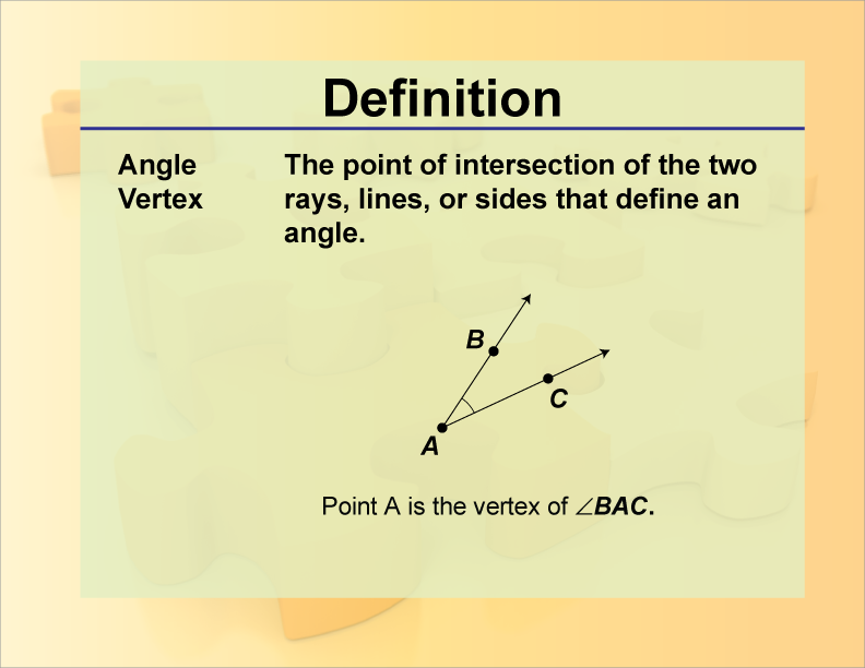 Angle Vertex. The point of intersection of the two rays, lines, or sides that define an angle.