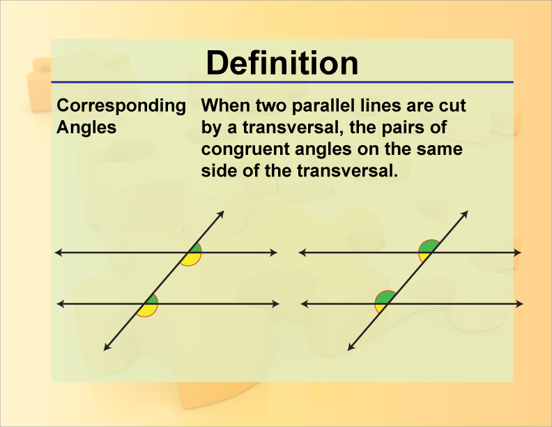 Corresponding Angles. When two parallel lines are cut by a transversal, the pairs of congruent angles on the same side of the transversal.