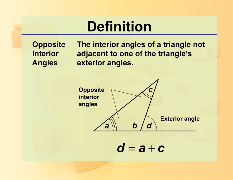 Opposite Interior Angles. The interior angles of a triangle not adjacent to one of the triangle’s exterior angles.