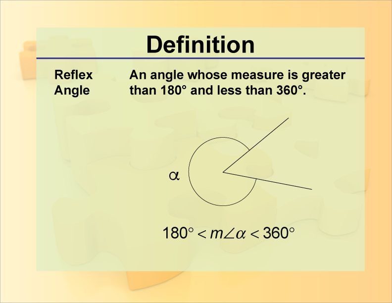 Reflex Angle. An angle whose measure is greater than 180° and less than 360°.
