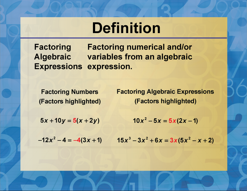Factoring Algebraic Expressions. Factoring numerical and/or variables from an algebraic expression.