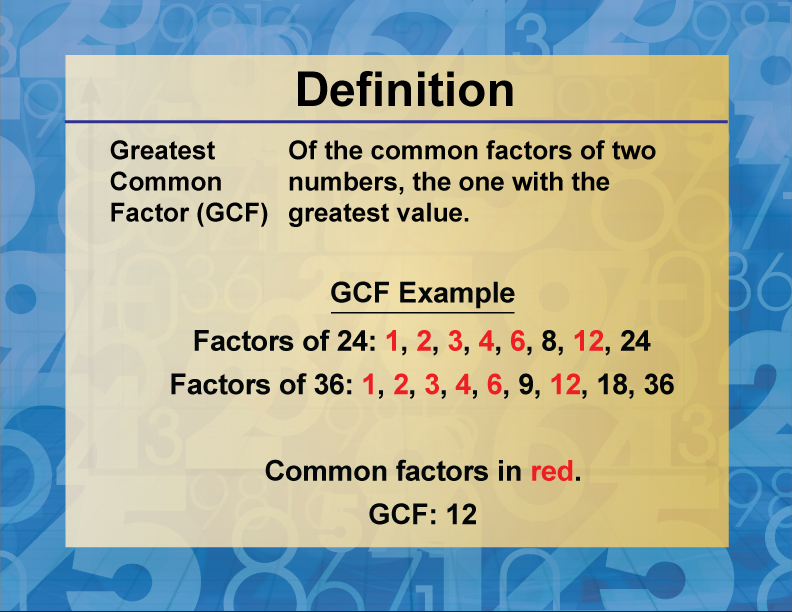 Greatest Common Factor (GCF). Of the common factors of two numbers, the one with the greatest value.