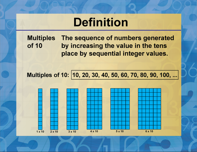 Multiples of 10. The sequence of numbers generated by increasing the value in the tens place by sequential integer values.