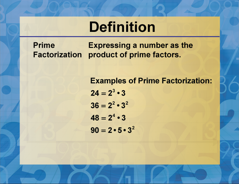 Prime Factorization. Expressing a number as the product of prime factors.