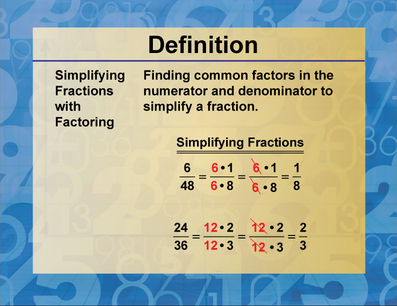 Simplifying Fractions with Factoring. Finding common factors in the numerator and denominator to simplify a fraction.