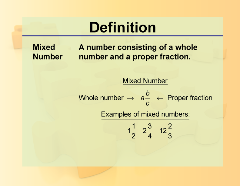 Mixed Number. A number consisting of a whole number and a proper fraction.