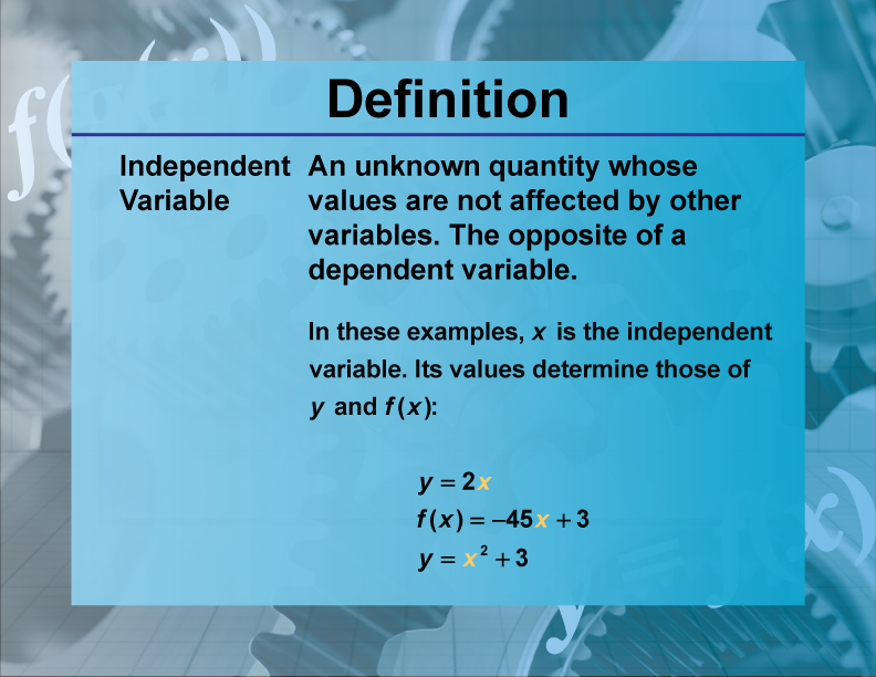 Independent Variable. An unknown quantity whose values are not affected by other variables. The opposite of a dependent variable.