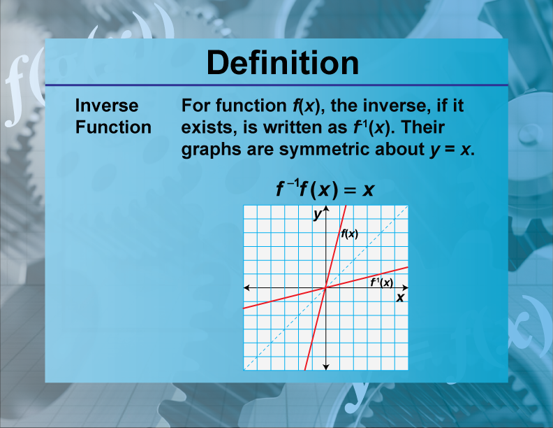 Inverse Function. For function f(x), the inverse, if it exists, is written as f-1(x). Their graphs are symmetric about y = x.