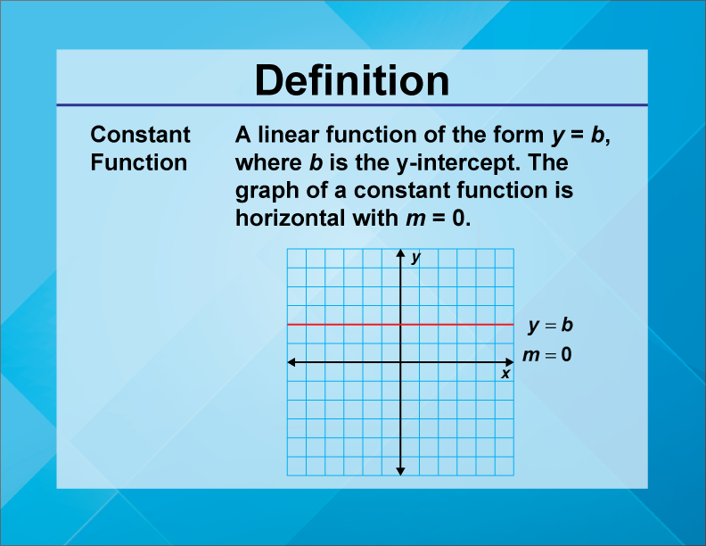 Constant Function. A linear function of the form y = b, where b is the y-intercept. The graph of a constant function is horizontal with m = 0.