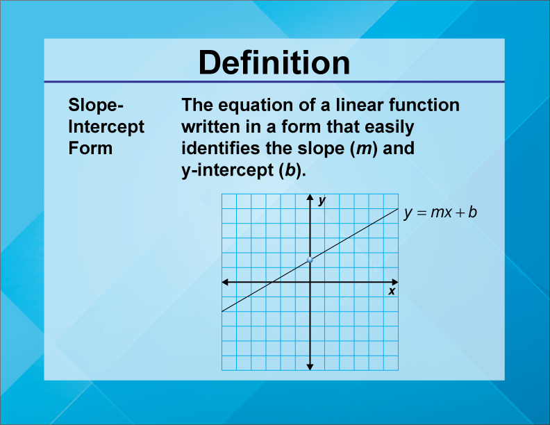 Slope- Intercept Form. The equation of a linear function written in a form that easily identifies the slope (m) and y-intercept (b).