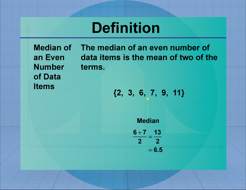 Median of an Even Number of Data Items. The median of an even number of data items is the mean of two of the terms.