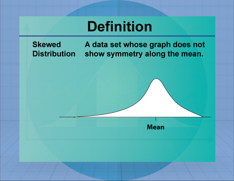 Skewed Distribution. A data set whose graph does not show symmetry along the mean.