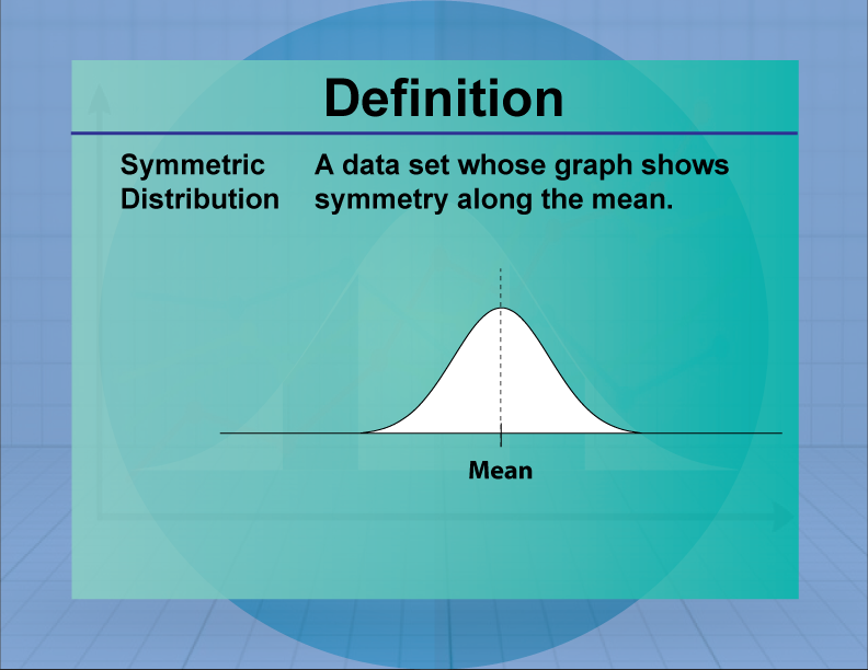 Symmetric Distribution. A data set whose graph shows symmetry along the mean.
