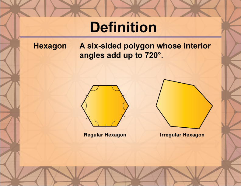 Hexagon. A six-sided polygon whose interior angles add up to 720°.
