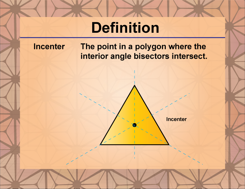 Incenter. The point in a polygon where the interior angle bisectors intersect.