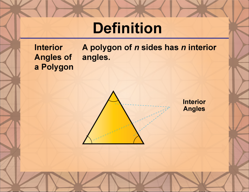Sum of Interior Angles of a Polygon. The sum of the interior angles of an n-sided figure is summarized by this formula.