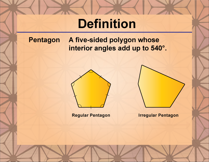Pentagon. A five-sided polygon whose interior angles add up to 540°.