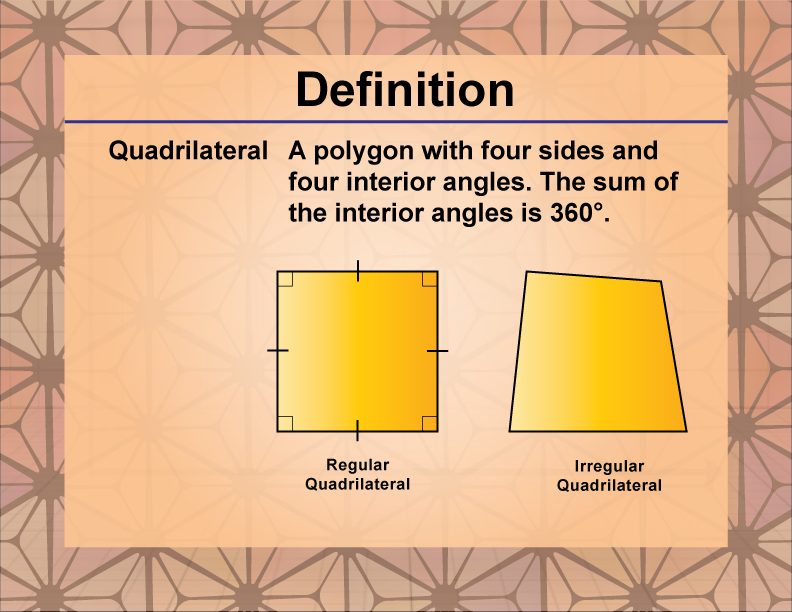 Quadrilateral. A polygon with four sides and four interior angles. The sum of the interior angles is 360°.