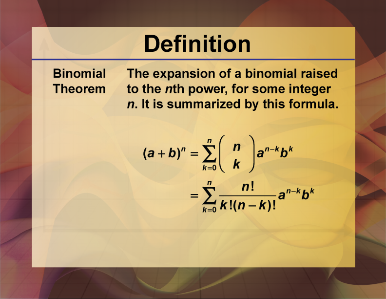 Binomial Theorem. The expansion of a binomial raised to the nth power, for some integer n. It is summarized by this formula.