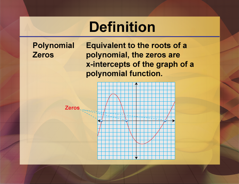 Polynomial Zeros. Equivalent to the roots of a polynomial, the zeros are x-intercepts of the graph of a polynomial function.