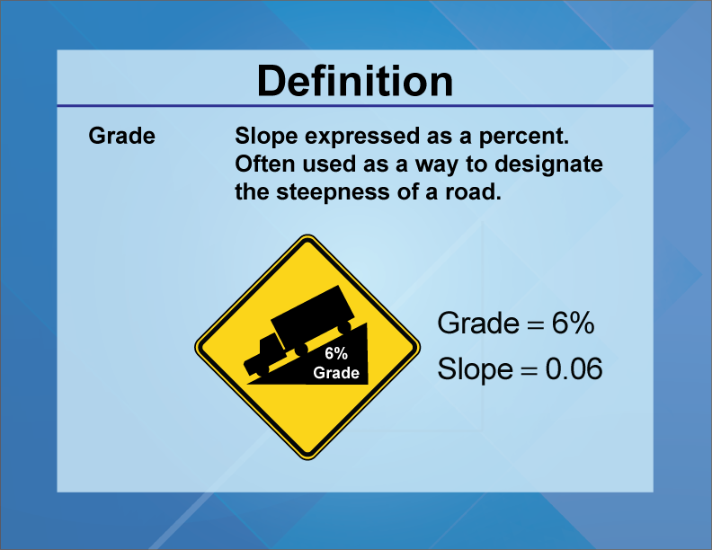 Grade. Slope expressed as a percent. Often used as a way to designate the steepness of a road.