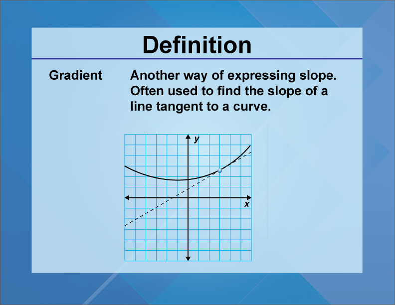 Gradient. Another way of expressing slope. Often used to find the slope of a line tangent to a curve.