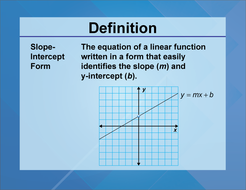 Slope-Intercept Form. The equation of a linear function written in a form that easily identifies the slope (m) and y-intercept (b).