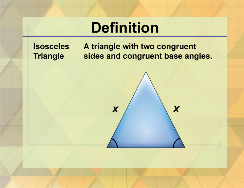 Isosceles Triangle. A triangle with two congruent sides and congruent base angles.