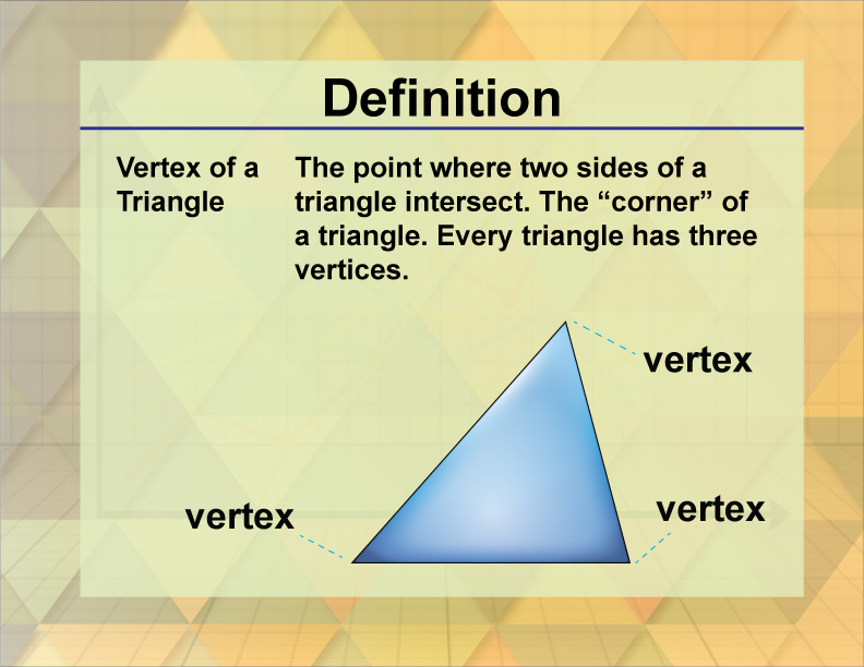 Vertex of a Triangle. The point where two sides of a triangle intersect. The “corner” of a triangle. Every triangle has three