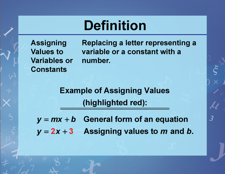 Assigning Values to Variables or Constants. Replacing a letter representing a variable or a constant with a number.