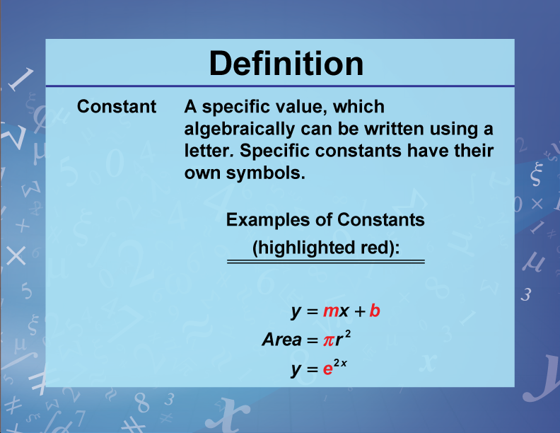 Constant Term. In an expression, equation, or formula, the term representing a constant.