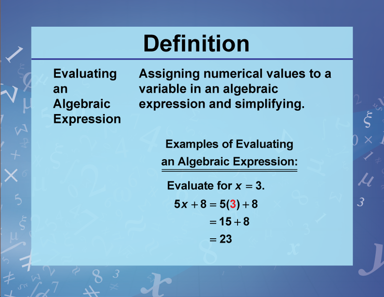 Evaluating an Algebraic Expression. Assigning numerical values to a variable in an algebraic expression and simplifying.