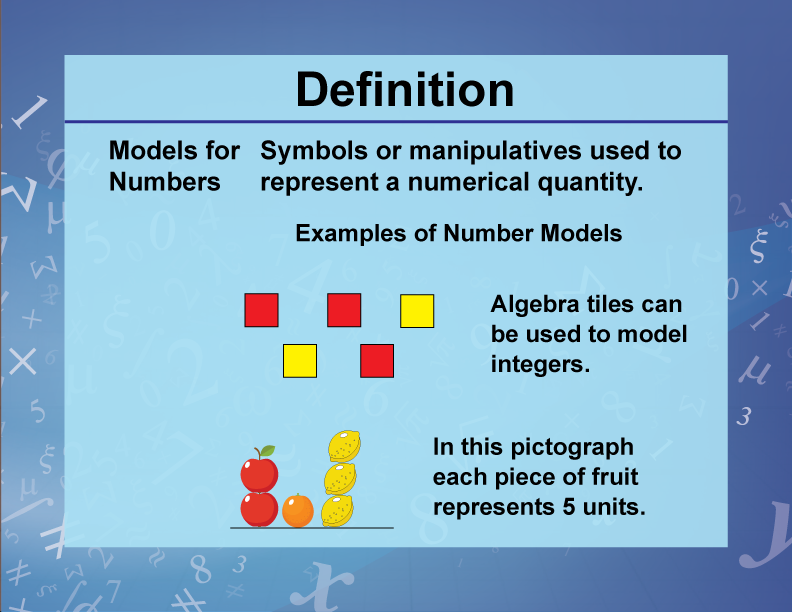 Models for Numbers. Symbols or manipulatives used to represent a numerical quantity.