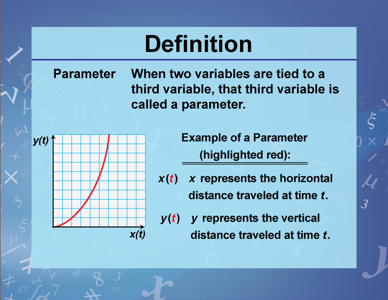 Parameter. When two variables are tied to a third variable, that third variable is called a parameter.