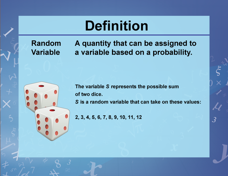 Random Variable. A quantity that can be assigned to a variable based on a probability.