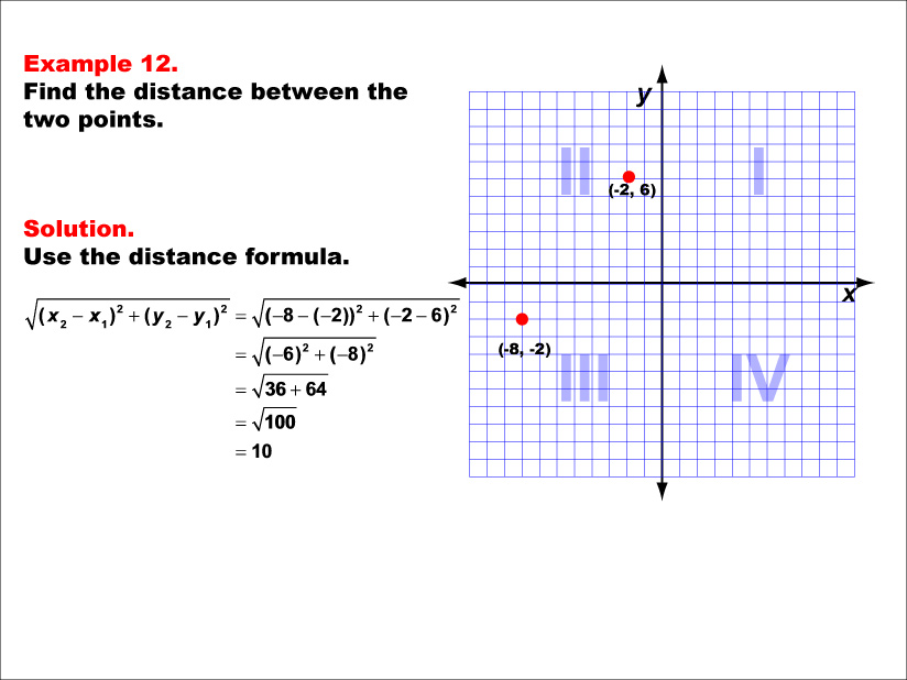 Example 12: Calculate the distance between two points under the following conditions: A point in Q2 and a point in Q3, whole number distance.