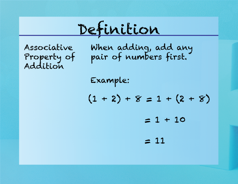 Associative Property of Addition. When adding, add any pair of numbers first.