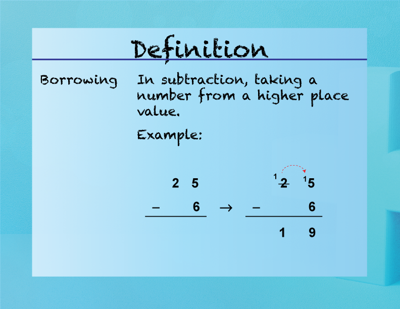 Borrowing. In subtraction, taking a number from a higher place value.