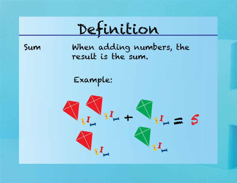 Sum. When adding numbers, the result is the sum.