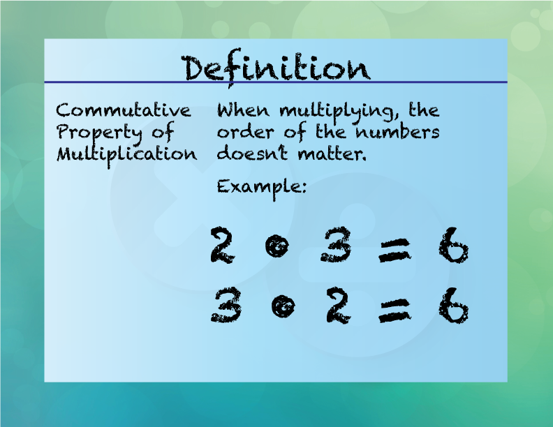 Commutative Property of Multiplication. When multiplying, the order of the numbers doesn’t matter.