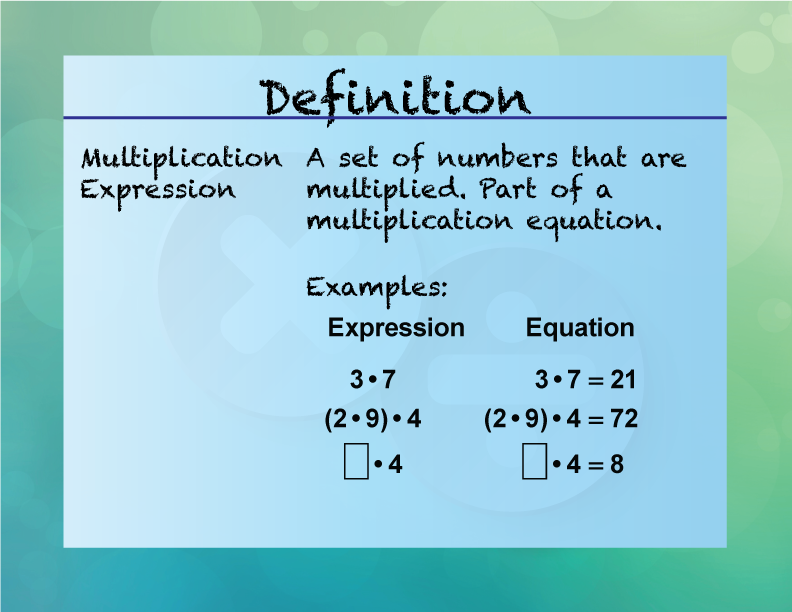 Multiplication Expression. A set of numbers that are multiplied. Part of a multiplication equation.