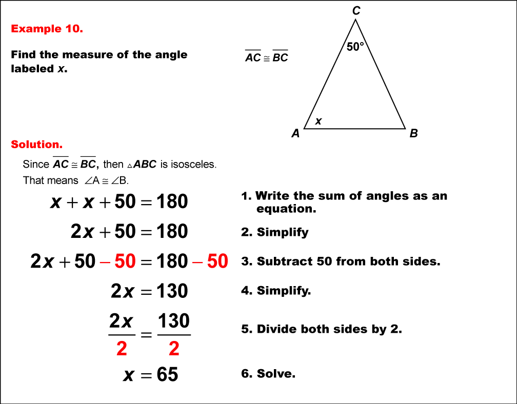 In this example, an isosceles acute triangle has one angle measure and unknown base angles. The unknown angles are found by solving an equation.