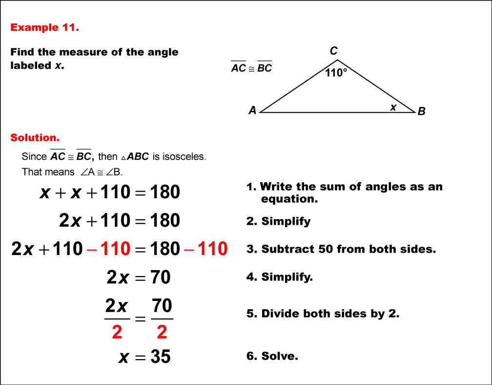 In this example, an isosceles obtuse triangle has one angle measure and unknown base angles. The unknown angles are found by solving an equation.