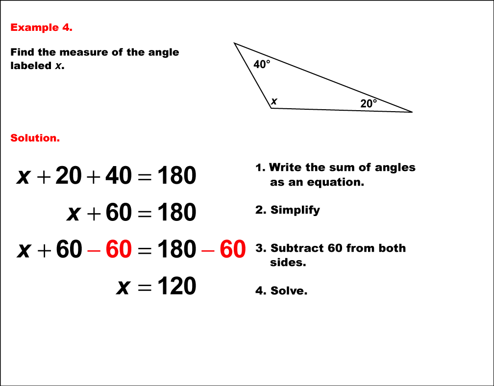 Math Examples: Solving Equations with Angle Measures--Example 04