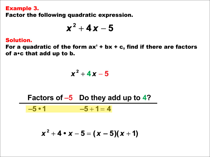 Example 3: Quadratic expressions factor into the following product of factors: the quantity, X plus A, times the quantity, X minus B.
