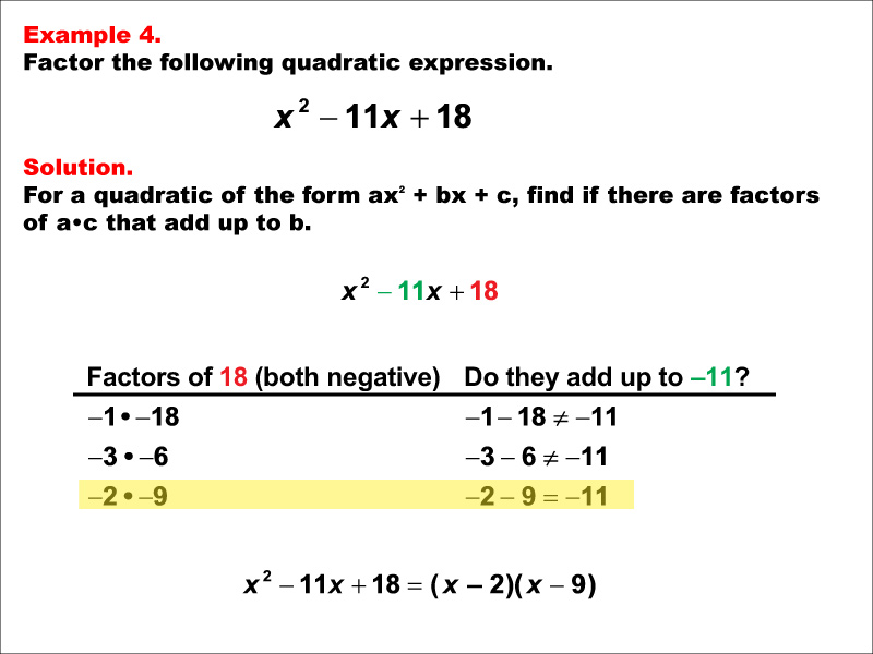 Example 4: Quadratic expressions factor into the following product of factors:the quantity, X minus A, times the quantity, X minus B.
