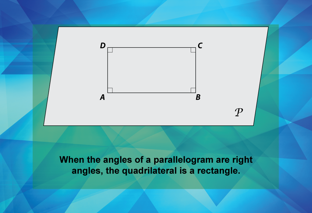 When the angles of a parallelogram are right angles, the quadrilateral is a rectangle.