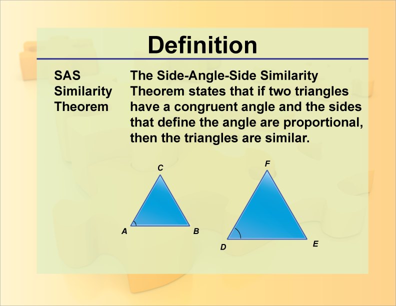 SAS Similarity Theorem. The Side-Angle-Side Similarity Theorem states that if two triangles have a congruent angle and the sides that define the angle are proportional, then the triangles are similar.