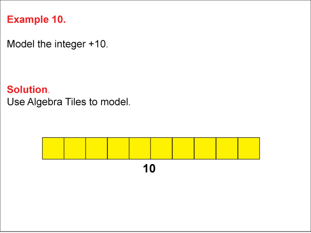Modeling Integers Using Algebra Tiles: Example 10. In this example, the number +10 is modeled using Algebra Tiles.