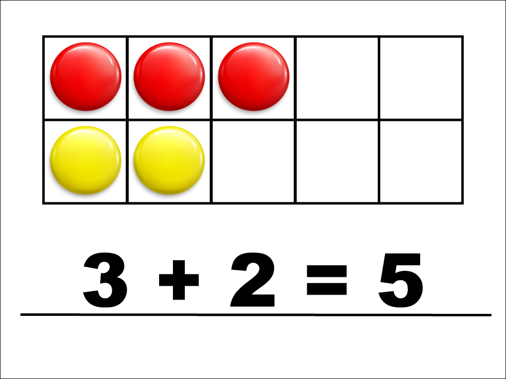 Modeling 3 + 2 with red and yellow counters.